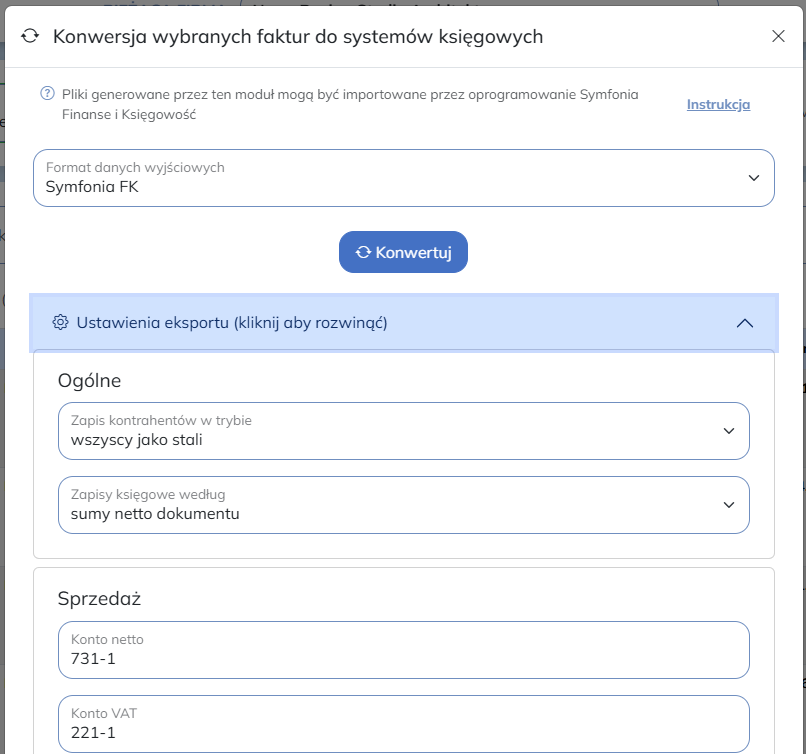 Ustawienia eksportu oraz instrukcja